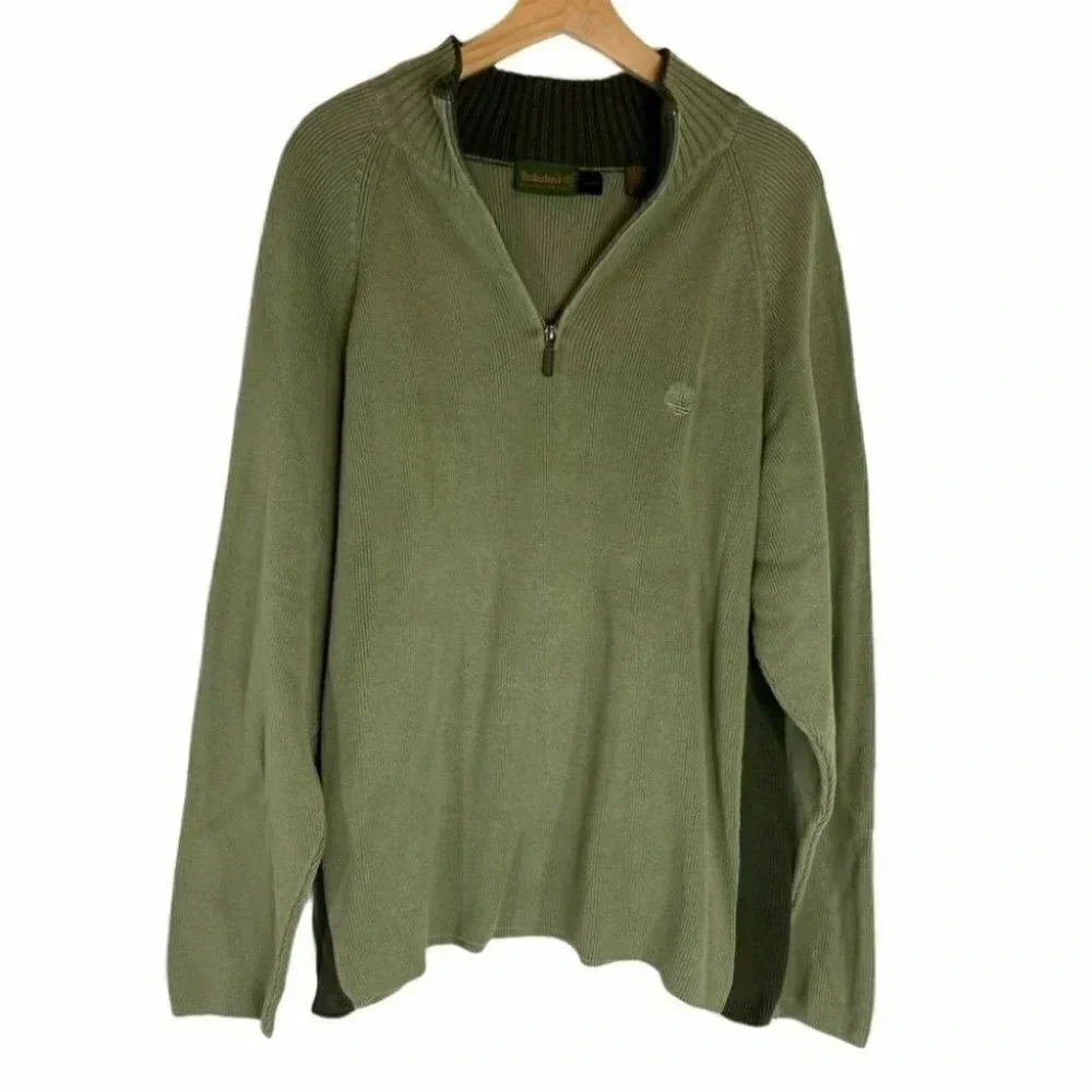 Timberland Weathergear Sweater Large Green Quarter Zip Ribbed Cotton Pullover